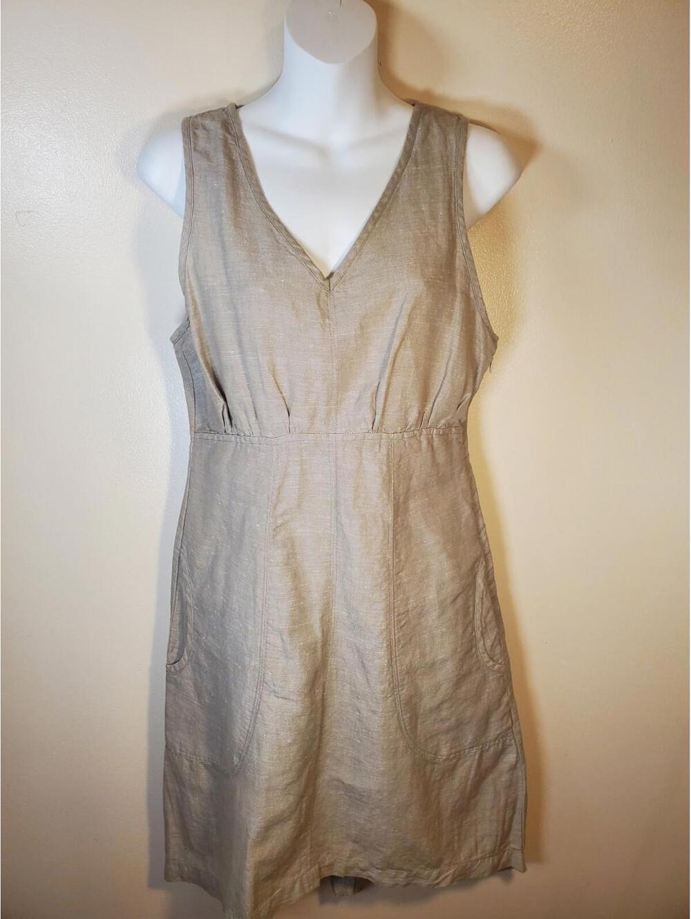 Freedom Trail by Kyodan V Neck Dress Size Xs Khaki Pockets Linen Blend, Classic